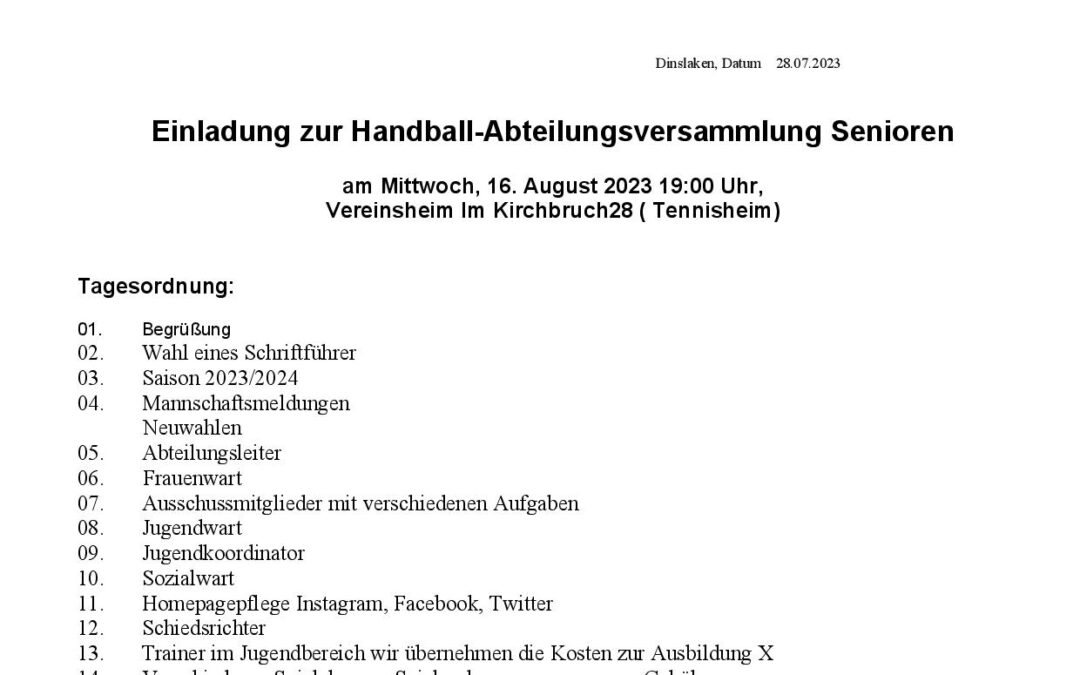Einladung zur Handball-Abteilungsversammlung am 16. August 2023