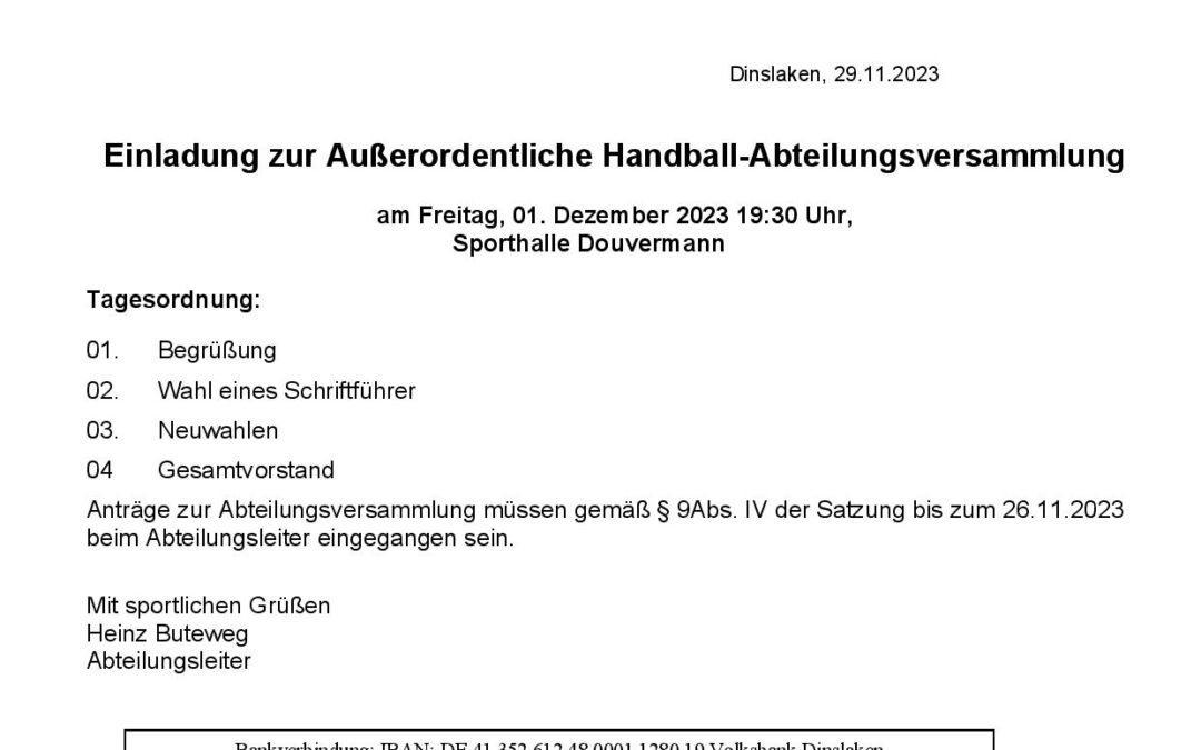 Außerordenrliche Abteilungsversammlung der Handballabteilung am 01. Dezember 2023